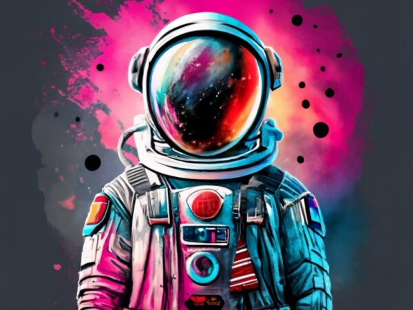 Mamza t-shirt design, spaceman. watercolor splash, with name “intergalactic” png file