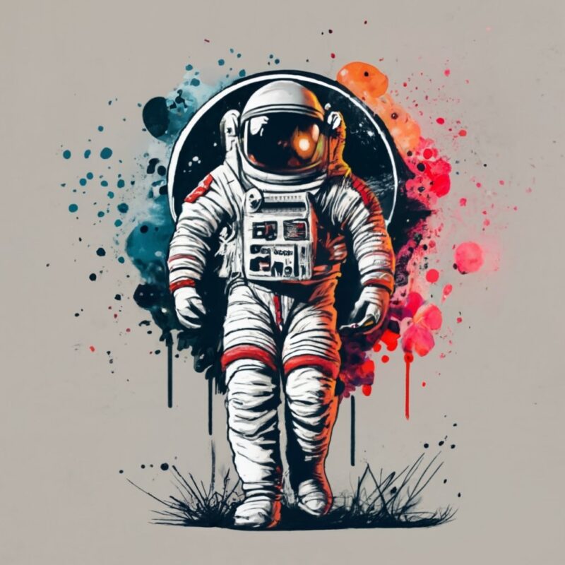 Mamza t-shirt design, spaceman. watercolor splash, with name “Intergalactic” PNG File