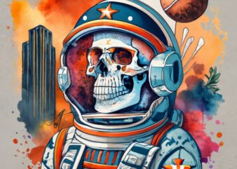 Mamza t-shirt design, Calaveras skull with a Houston Astros baseball team in a spaceman suit with Houston Texas sky land silhouette in the b