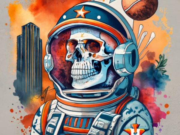 Mamza t-shirt design, calaveras skull with a houston astros baseball team in a spaceman suit with houston texas sky land silhouette in the b