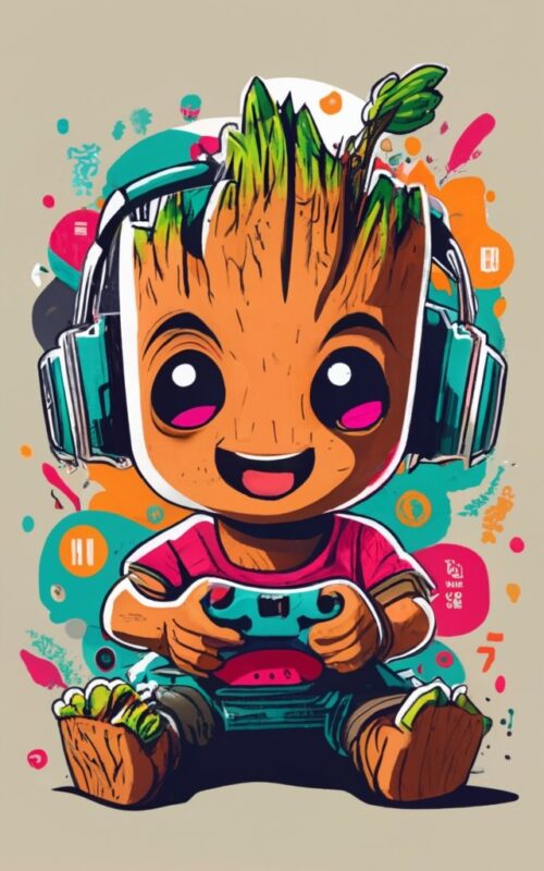Marvel Baby Groot JOHN gamer on a t-shirt design with a white background, vibrant PNG File