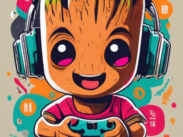 Marvel baby groot john gamer on a t-shirt design with a white background, vibrant png file