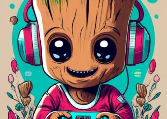 Marvel Baby Groot gamer on a t-shirt design with a white background, vibrant PNG File