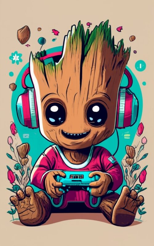 Marvel Baby Groot gamer on a t-shirt design with a white background, vibrant PNG File