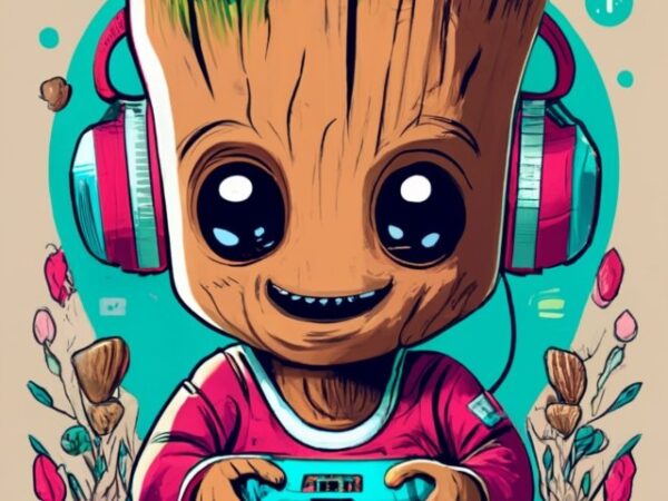 Marvel baby groot gamer on a t-shirt design with a white background, vibrant png file