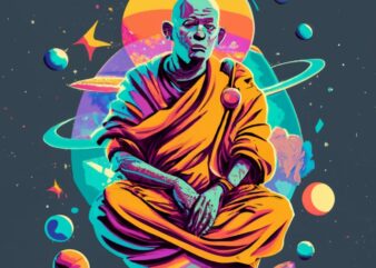 Monk floating in space, t-shirt design, PNG File