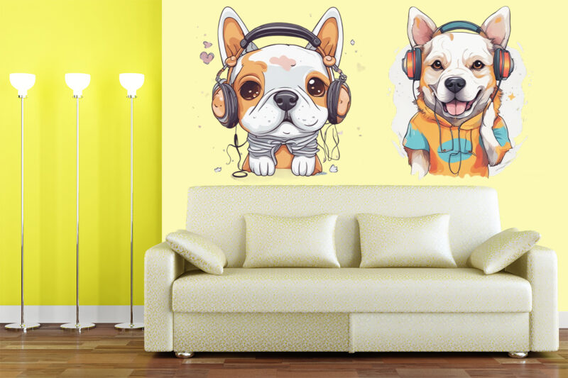 Music Fanatic Dog Wearing Headphone Clipart Illustration Bundle for Print on Demand websites