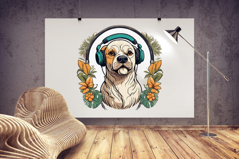 Music Fanatic Dog Wearing Headphone Clipart Illustration Bundle for Print on Demand websites