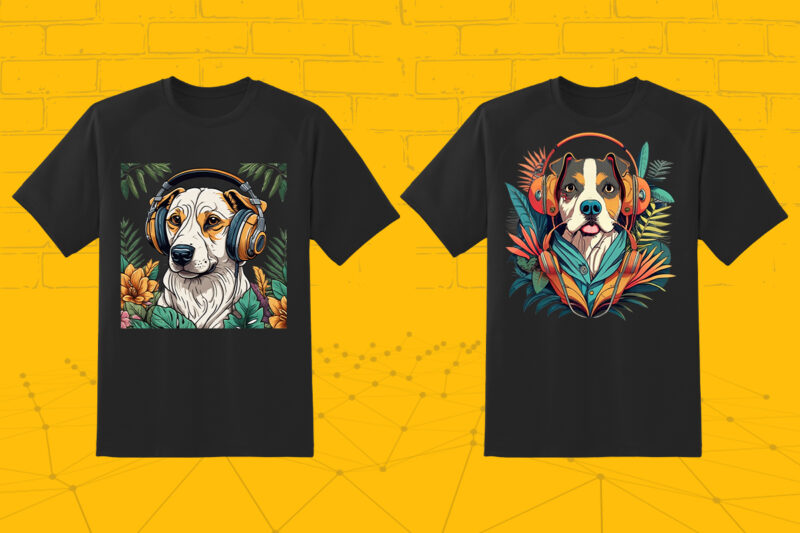 Music Fanatic Dog Wearing Headphone Clipart Illustration Bundle for Print on Demand websites