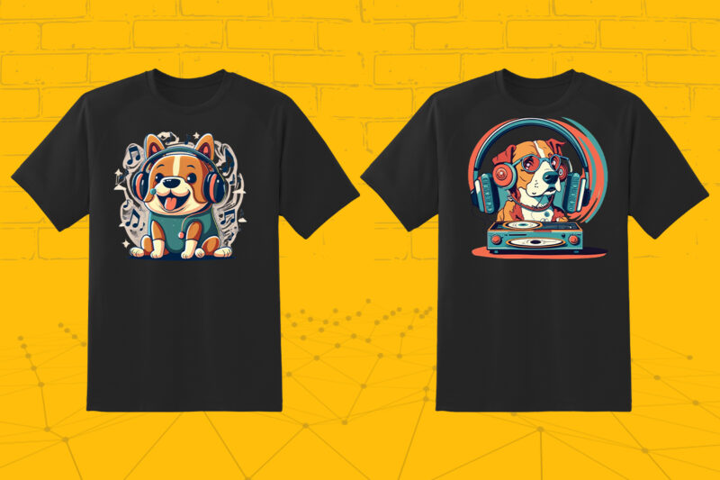 Music Fanatic Dog Wearing Headphone Clipart Illustration Bundle for Print on Demand websites