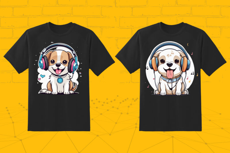 Music Fanatic Dog Wearing Headphone Clipart Illustration Bundle for Print on Demand websites