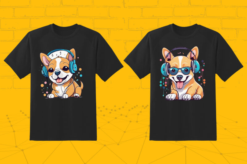 Music Fanatic Dog Wearing Headphone Clipart Illustration Bundle for Print on Demand websites