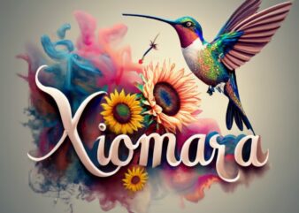 Xiomara with Hummingbird and colored smoke yellow, red, white, blue, cream, light pink, and sunflowers on white background for Tshirts desig