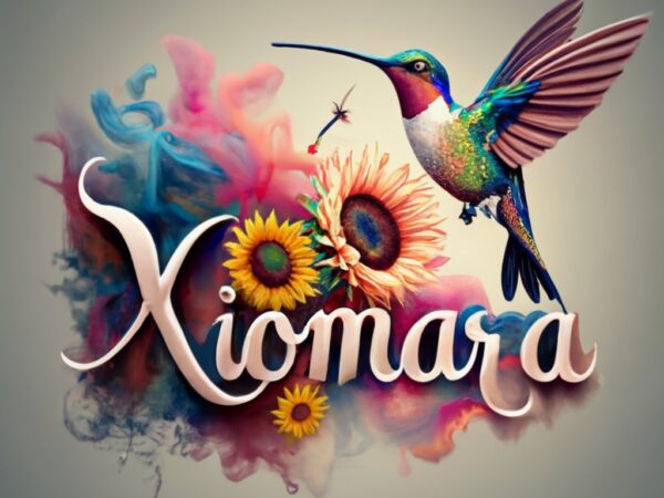 Xiomara with hummingbird and colored smoke yellow, red, white, blue, cream, light pink, and sunflowers on white background for tshirts desig