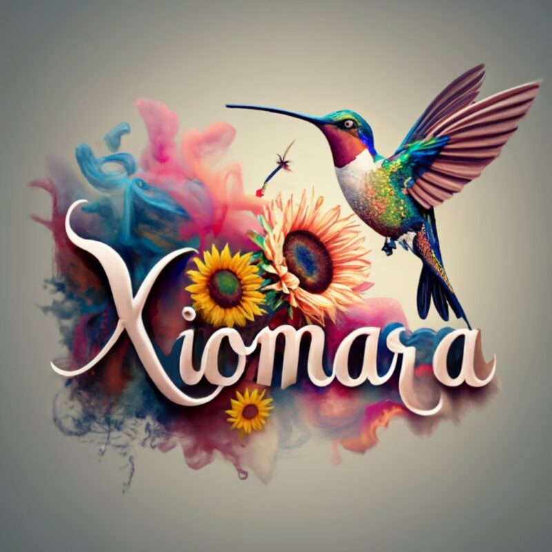 Xiomara with Hummingbird and colored smoke yellow, red, white, blue, cream, light pink, and sunflowers on white background for Tshirts desig
