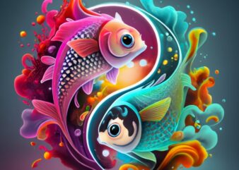 Name “Daniel”Iris 3D, T-shirt design: Cartoon style yin-yang made of koi fishes , thin glowing multi-colored smoke PNG File