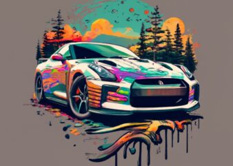 Name”Ariel” t-shirt design featuring a beautiful Nissan GT-R, forest, a tree background PNG File