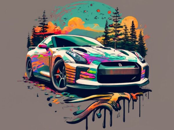 Name”ariel” t-shirt design featuring a beautiful nissan gt-r, forest, a tree background png file