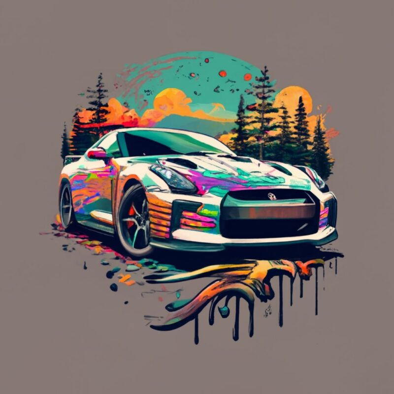 Name”Ariel” t-shirt design featuring a beautiful Nissan GT-R, forest, a tree background PNG File