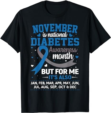 November is Diabetes Awareness Month Blue and Gray Ribbon T-Shirt PNG File