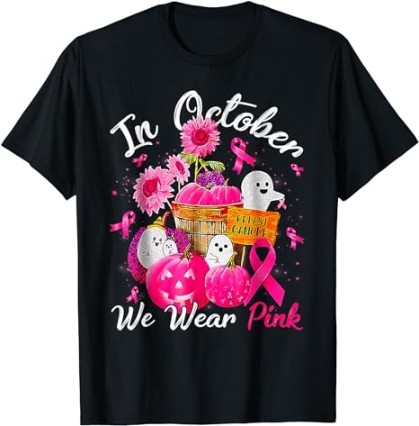 October We Wear Pink Pumpkin Ghost Halloween Breast Cancer T-Shirt PNG File