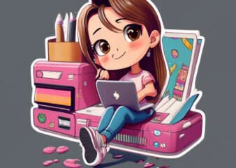 Oyee with an adult medium brown hair girl holding a Macbook, iPhone, with pens, notepads, and printing mug and tshirt, anime PNG File