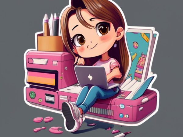 Oyee with an adult medium brown hair girl holding a macbook, iphone, with pens, notepads, and printing mug and tshirt, anime png file