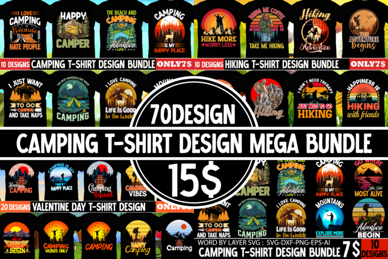 Camping T-Shirt Design Mega Bundle, Camper T-Shirt Bundle, MOuntains Explore More T-shirt Design,Camping T-shirtt Design Bundle ,Camping Crew T-Shirt Design , Camping Crew T-Shirt Design Vector , camping T-shirt Desig,Happy