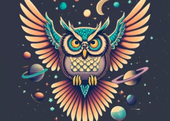 Professional T-shirt design: An owl flying in space, dark fantasy PNG File