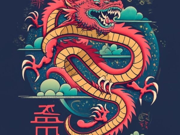 Real chinese red scary dragon with chinese symbols t-shirt design png file