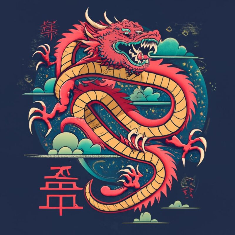 Real Chinese Red scary dragon with Chinese symbols t-shirt design PNG File