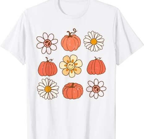 Retro groovy fall vintage pumpkin flower hippie halloween t-shirt png file