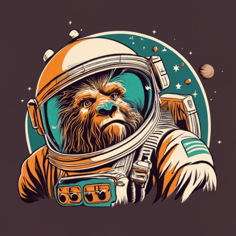 Sasquatch astronaut floating in space, t-shirt design PNG File