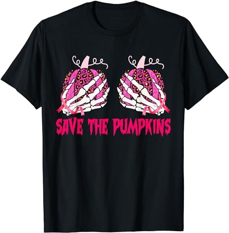 Save The Pumpkins Leopard Skeleton Breast Cancer Awareness T-Shirt