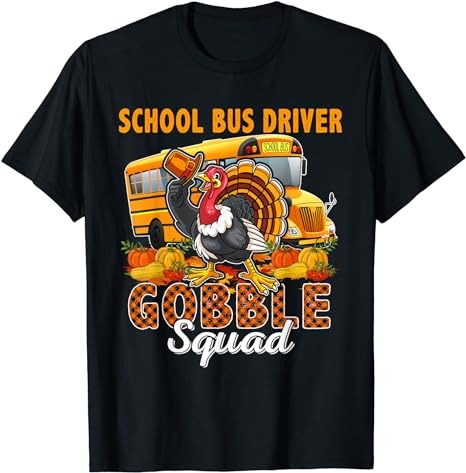 School Bus Driver Gobble Squad Thanksgiving Plaid Turkey T-Shirt