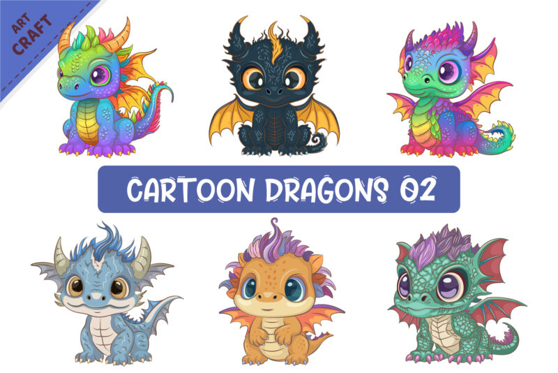 Set of Cartoon Dragons 02. Fantasy clipart.