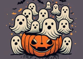 Simple T-shirt design, black background, lots of Halloween sheet ghosts sitting in pumpkin,, anime PNG File