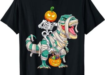 Skeleton Riding Mummy Dinosaur T rex Halloween Boys Kids T-Shirt PNG File