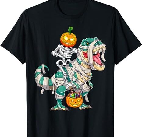 Skeleton riding mummy dinosaur t rex halloween boys kids t-shirt png file