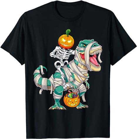 Skeleton Riding Mummy Dinosaur T rex Halloween Boys Kids T-Shirt PNG File