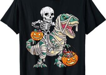 Skeleton Riding Mummy Dinosaur T rex Halloween Funny Pumpkin T-Shirt PNG File