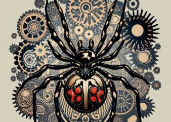 Steampunk black widow spider with clockwork legs and intricate patterns, lurking amidst gears and shadows, T-shirt design graphic PNG File