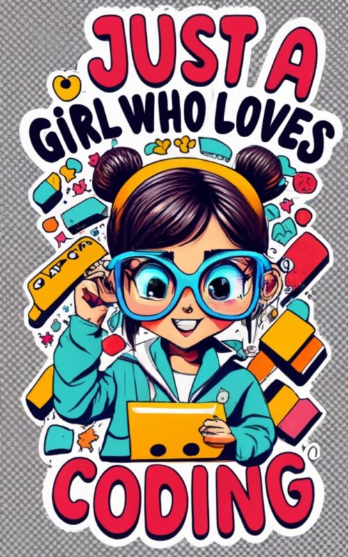 PNG design, “Just a girl who loves coding”, funny tshirt theme of a cartoon character of a little girl with eyeglasses coding on her laptop,