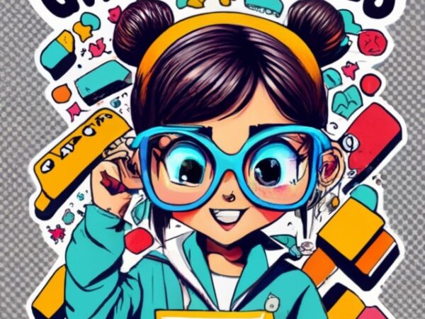 Png design, “just a girl who loves coding”, funny tshirt theme of a cartoon character of a little girl with eyeglasses coding on her laptop,