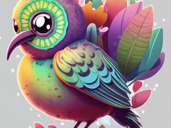 Sticker design, funny tshirt theme of a cartoon character of a bird kiwi in holographic colors png file