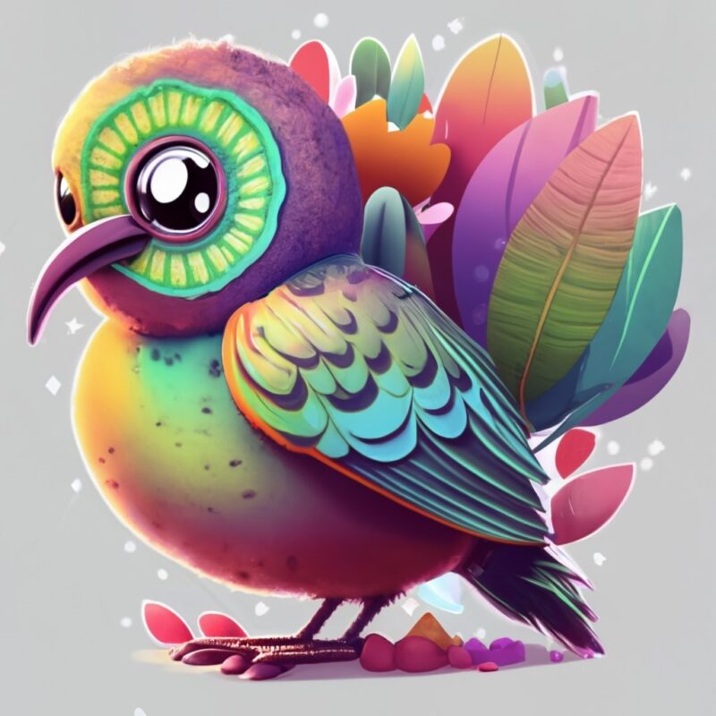 Sticker design, funny tshirt theme of a cartoon character of a bird Kiwi in holographic colors PNG File