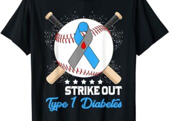 Strike Out T1D Type 1 Diabetes Blue and Gray Ribbon Baseball T-Shirt