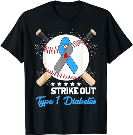Strike Out T1D Type 1 Diabetes Blue and Gray Ribbon Baseball T-Shirt
