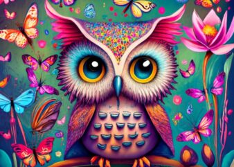 Sylvana colorful butterflies, owl sitting, lotus flower for t-shirt PNG File