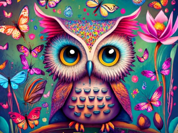 Sylvana colorful butterflies, owl sitting, lotus flower for t-shirt png file